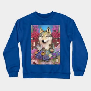 Stunning art deco painting of wolf and roses and wildflowers Crewneck Sweatshirt